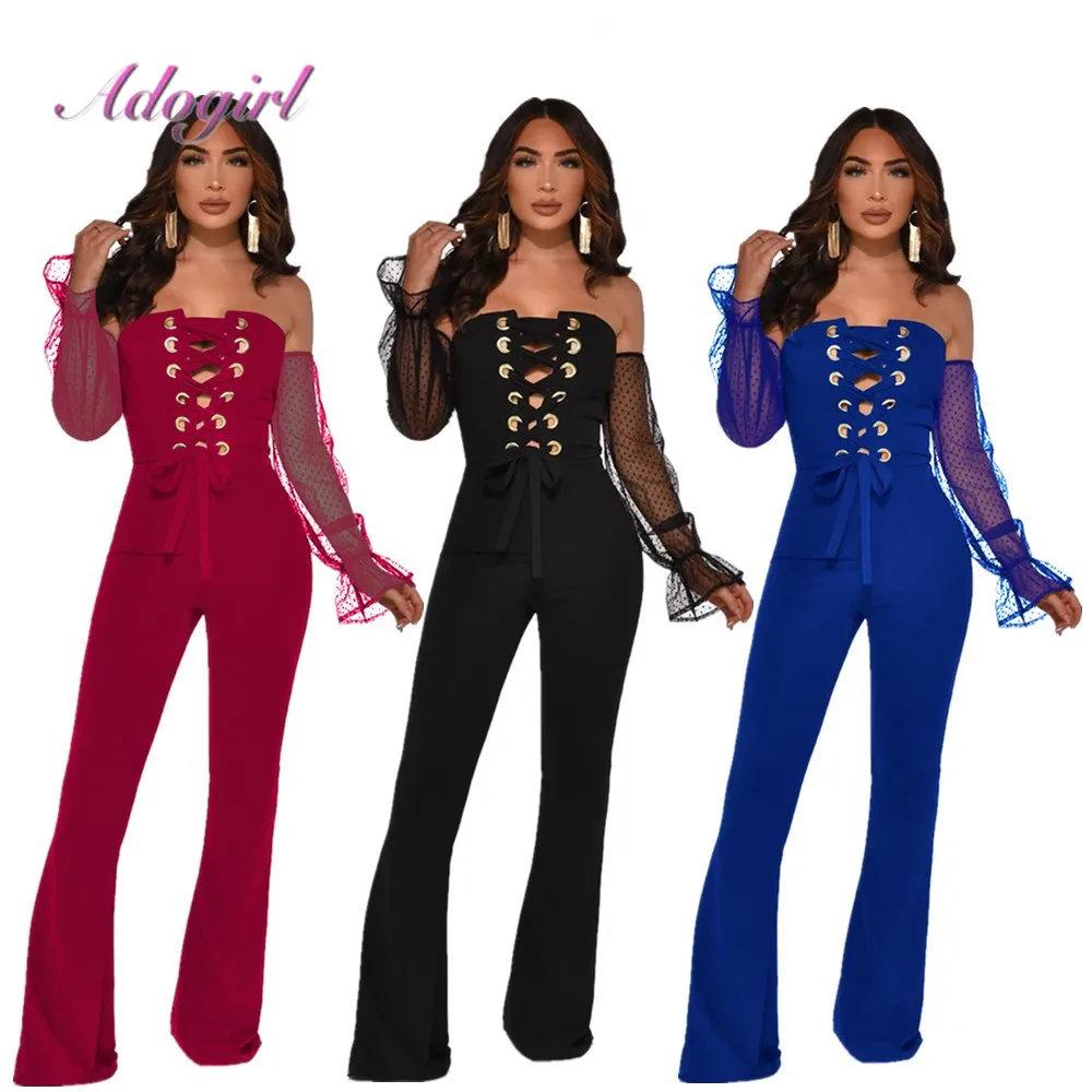 2020 Spring Sexy Sheer Mesh Hollow Out Bandage Night Party Jumpsuit Women Polka Dot Long Sleeeve Strapleless Outfit Rompers | Женская