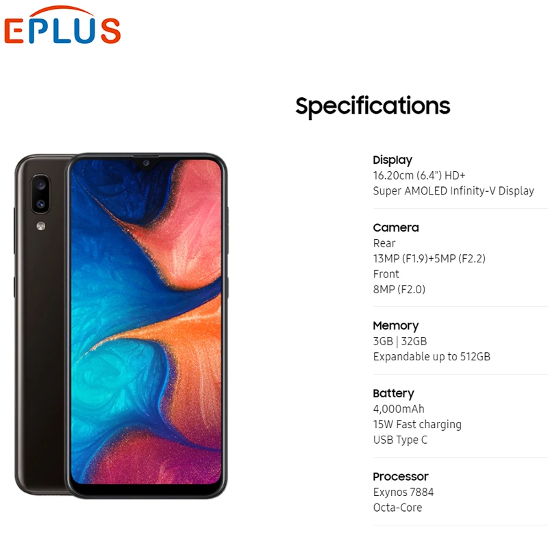 Смартфон Samsung Galaxy A20 A205GN/DS 6 4 дюйма 3 Гб ОЗУ 32 ПЗУ Exynos 7884 восемь ядер Android 9 две