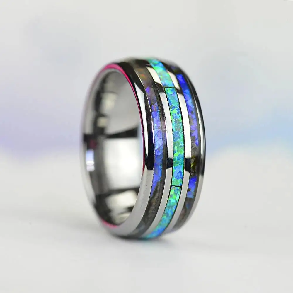 

Personality Silver Color Wedding Band 8MM Unique Abalone Shell and Opal Inlaid Stainless Steel Ring Jewelry Gift For Men Women