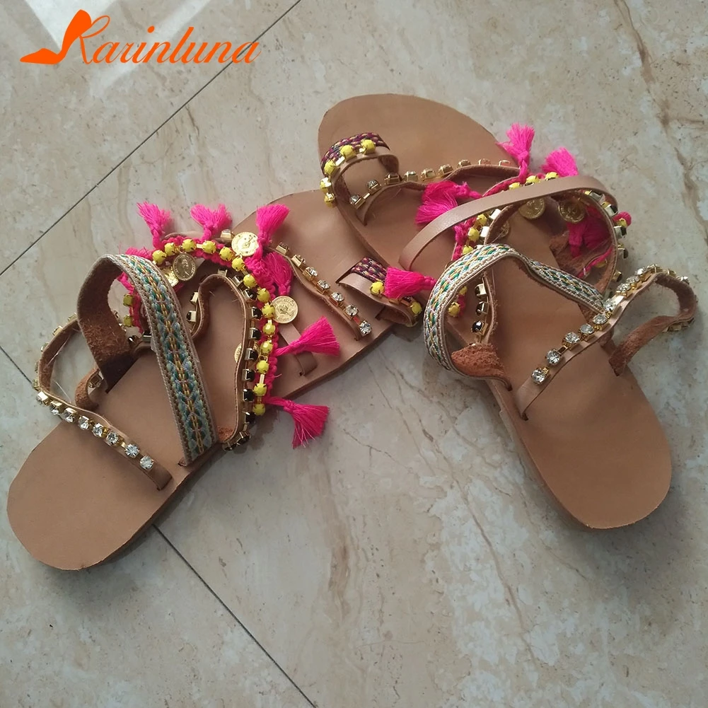 KARINLUNA/Модные женские повседневные пляжные шлепанцы Вьетнамки с бахромой на