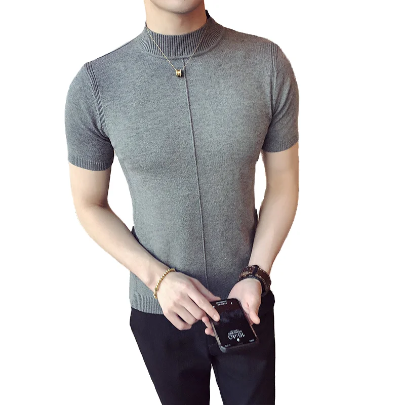 2022 Summer New Fashion Men's Sweater  Brand  Pure Color Semi-high Collar Knitting For Male Half-sleeved  Tops Gray Black M01