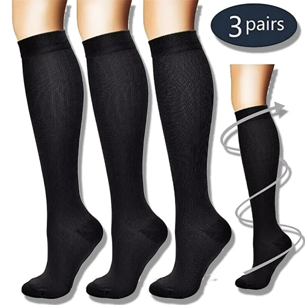 Palicy (3 Pairs) Compression Knee High Socks 20-30mm Hg Graduated Mens Womens S M L XL Foot Leg Support Stocking Sport Stockings