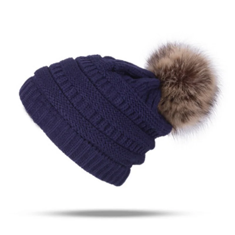 Женская теплая вязаная шапка CC Beanies, шапка из искусственного меха с помпонами, толстая женская шапка Skullies Skully, Женская Повседневная Лыжная Шапка s - Цвет: Dark Blue