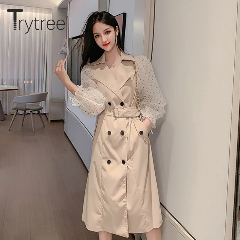 Осеннее женское повседневное пальто Trytree двубортный офисный Тренч в горошек с