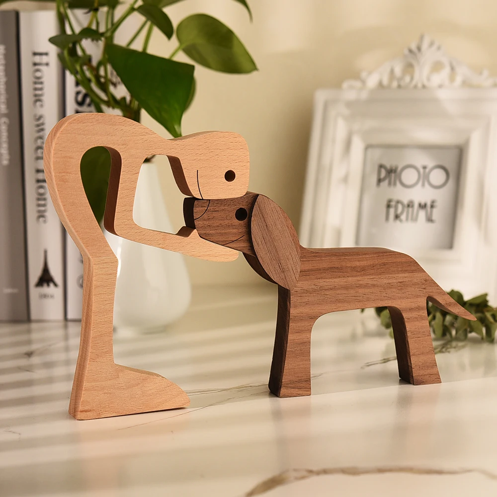 

Wooden Dog And Human Craft Figurin Creative 3D Home Office Decoration Man Statue Wood Toy Desk ECO Friendly Free Shipping