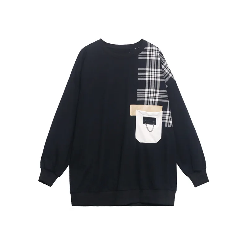 

XUXI Women Spring Autumn 2021 T-shirt Vintage O-Neck Pullover Long Sleeve TShirt Fashion Stitching New Female Tide E197