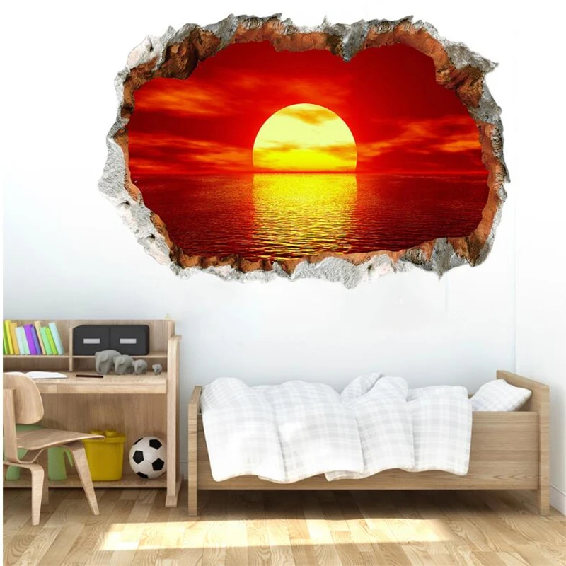 3D vivid sunset landscape painting wall stickers living room bedroom home decoration art mural still life | Дом и сад