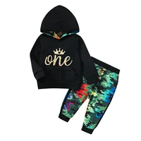 2pcs baby boys girls outfit autumn toddler crown letter printing long sleeve hooded tops camouflage pants cotton set