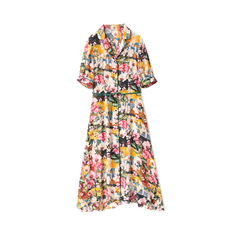 

100% Natural Silk Women's Runway Dresses Turn Down Collar Short Sleeves Floral Printed Sash Belt Fashion Summer Holiday Dress
