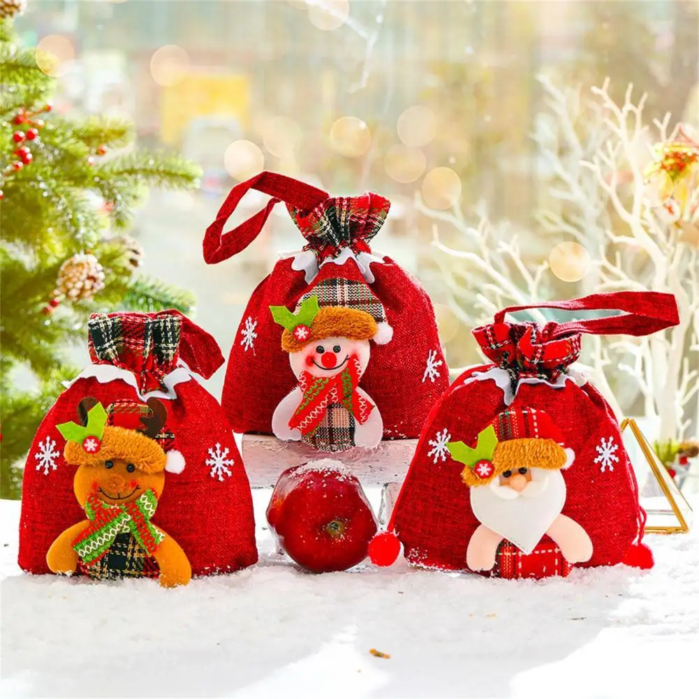 

Beautiful Gift Bags Decorative Elk Santa Print Handheld 3D Decor Drawstring Christmas Candy Bags for Kids