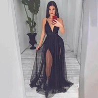 dlass store sexy black v neck evening dress for formal party backless organza simple robe de soire evening gown new style