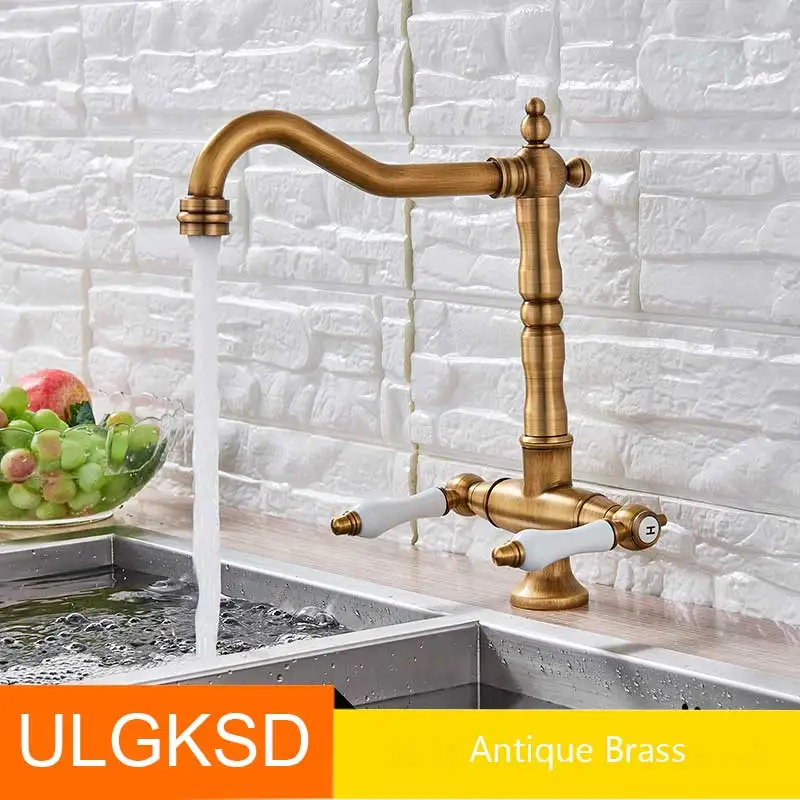 Antique Brass ULGKSD черный бронзовый бюстгальтеры для кухни смесители для холодной и горячей кухни смеситель с одной ручкой Смеситель кран 360 Вращение кухонный водопроводный кран - Цвет: Antique Brass