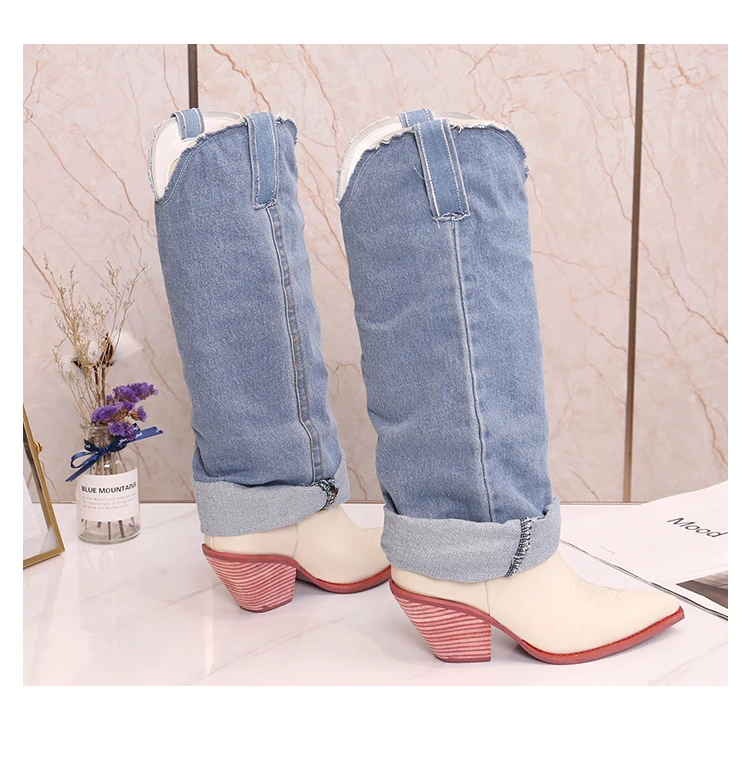 

Genuine Leather Pointed Thick Heel Slip-on Western Cowboy Boots Women Retro New Style Personality Tube Knee-length Boots Women