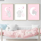 Милый розовый постер с мультяшными животными, луна, звезда, слон, украшение для детской комнаты, картина для украшения детской комнаты