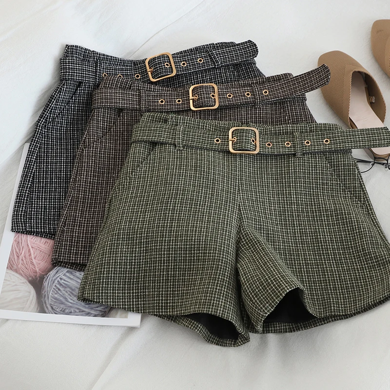 

Korean Sweet Women Plaid Sashes Shorts Casual Female Zipper Fly High Waist Shorts Vintage Mujer Empire Sexy Mini Loose Shorts
