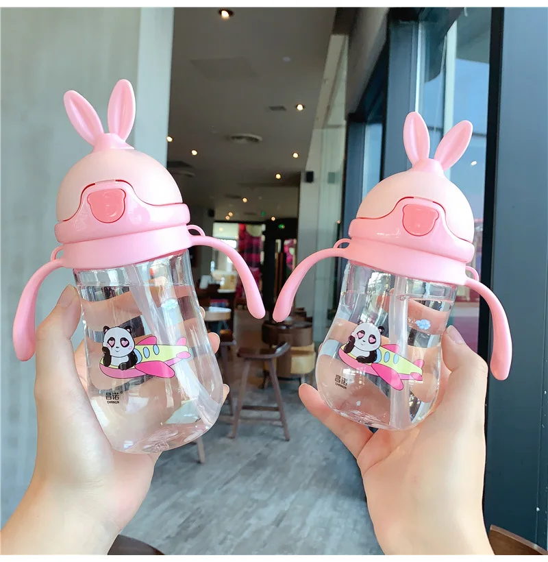 

280ml Cute Rabbite Baby Feeding Bottle Free Children Learn Drinking Straw Water Bottles Kids Training Cup w Handle&Sling