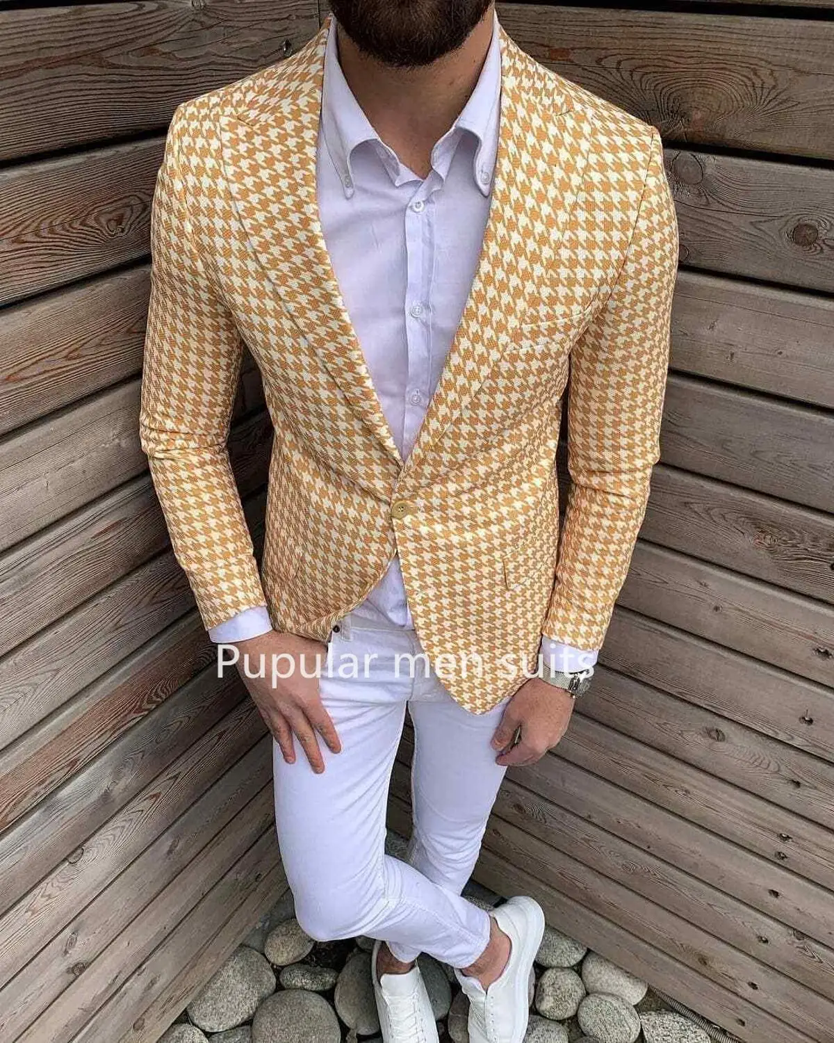 Облегающий мужской костюм 2019 желтый/розовый из твидовой лапки 2 шт. клетчатые