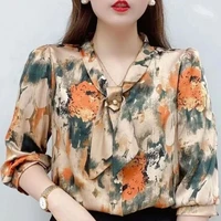 women spring summer style chiffon blouses shirts lady casual half sleeve bow tie collar printed blouses tops df4198