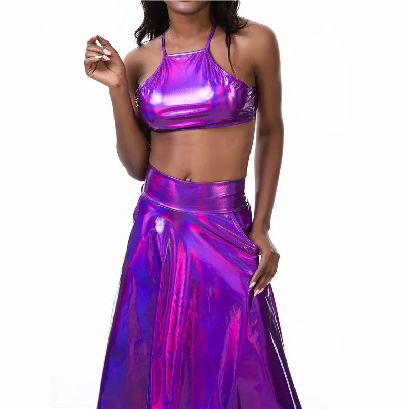 Shiny Holographic Two Piece Set Women Halter Criss Cross Bandage Crop Top Wet Look Sexy Long Skirt Party Night Club 2 Pcs Outfit | Женская