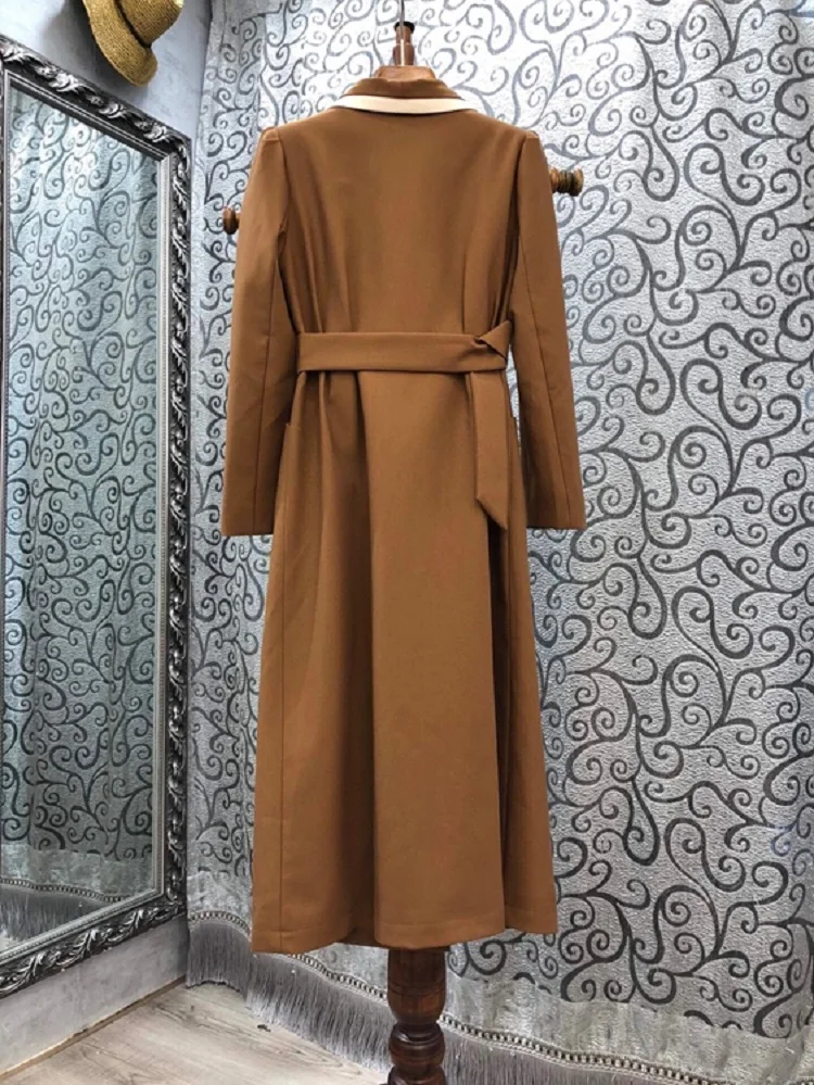 

Autumn Winter 2021 Fashion Long Coat Trench High Quality Windbreaker Women Color Block Patchwork Double Breasted Long Overcoats
