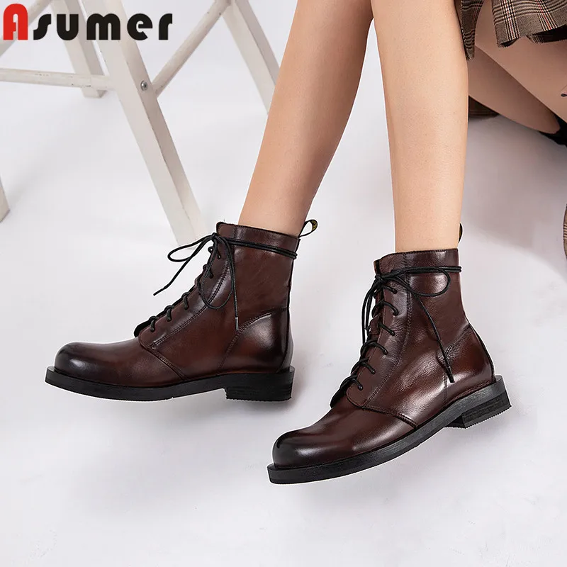 Женские ботильоны из натуральной кожи на шнуровке с круглым носком|Женские