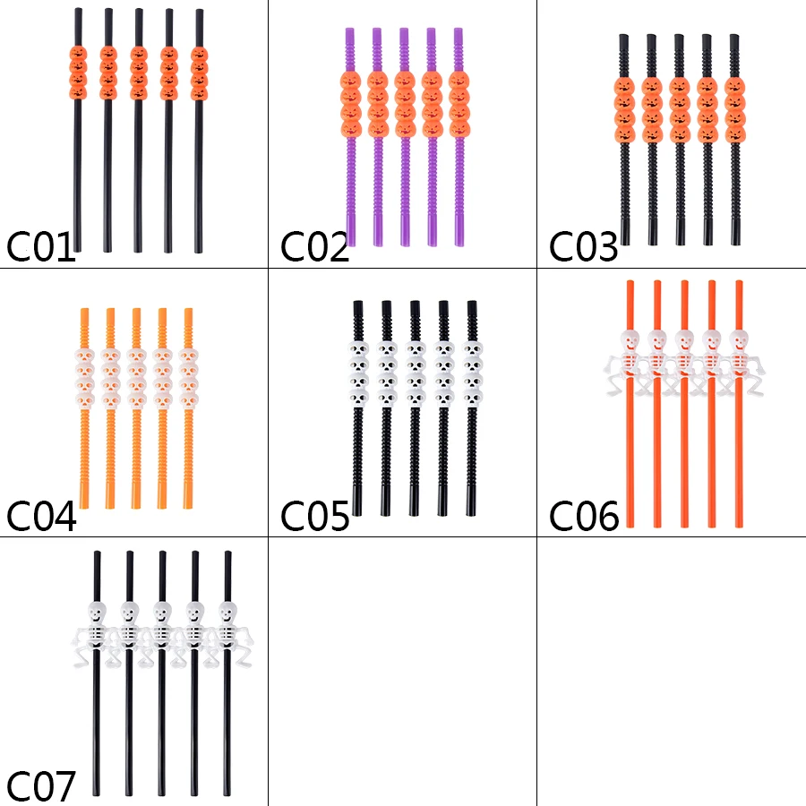 

5pcs/lot Halloween Skull Pumpkin Straws Disposable Plastic Drinking Straw Halloween Party Decoration Festival Party Bar Supplies