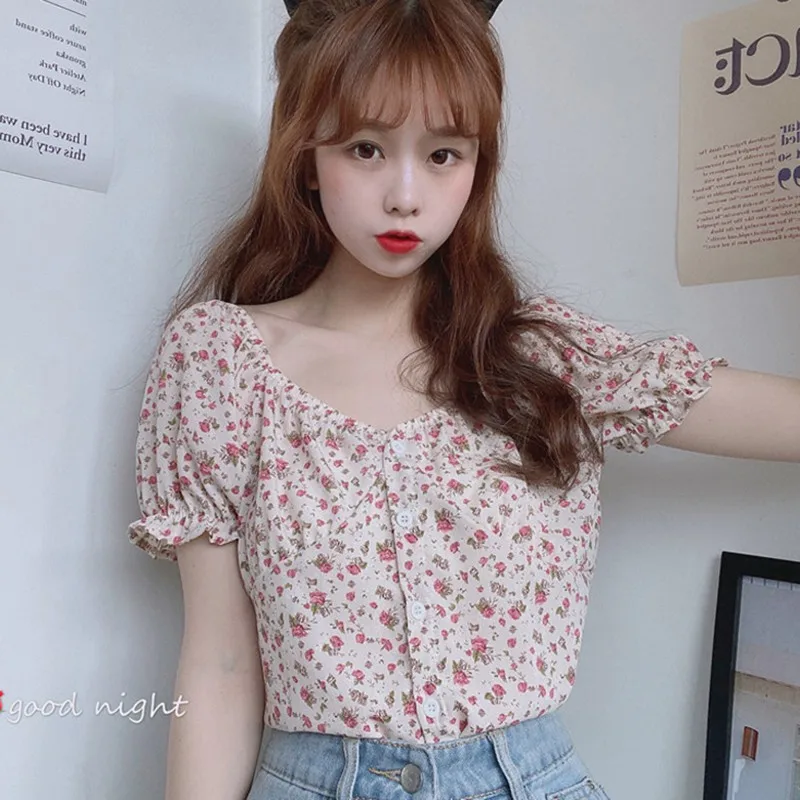 

Sweet Floral Print Chiffon Blouse Women Fashion Puff Sleeve Blouses Summer Harajuku Shirt Tops