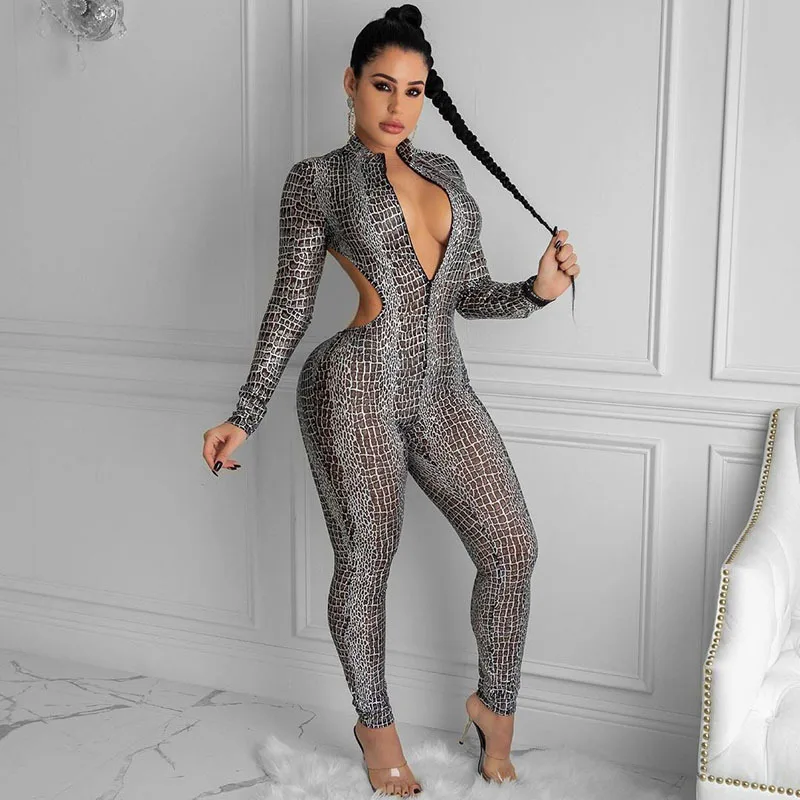 

Oluolin Women Sexy Hollow Out Jumpsuit Long Sleeve Snake Print Rompers Zip Up Backless Ruched Jumpsuits Party Club Outfit