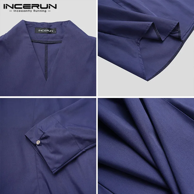 

INCERUN Chinese Style Men Shirt 3/4 Sleeve Solid Color V Neck Vintage Casual Tops Streetwear Retro Leisure Spring Camisas Hombre