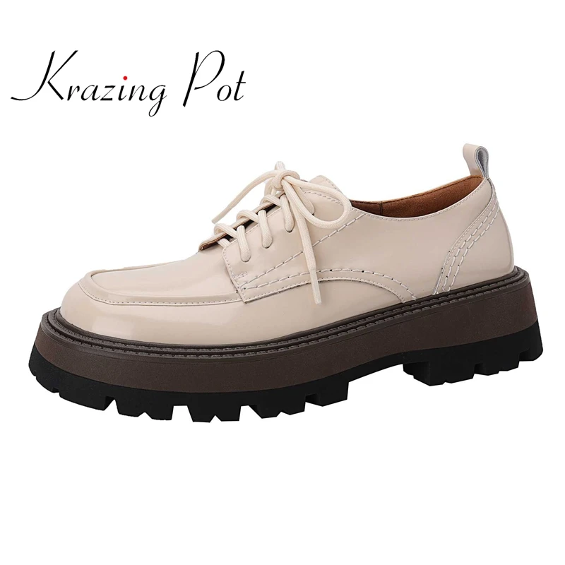 

Krazing Pot cow split leather round toe med heel British style young lady daily wear leisure cross-tied classic women pumps L90