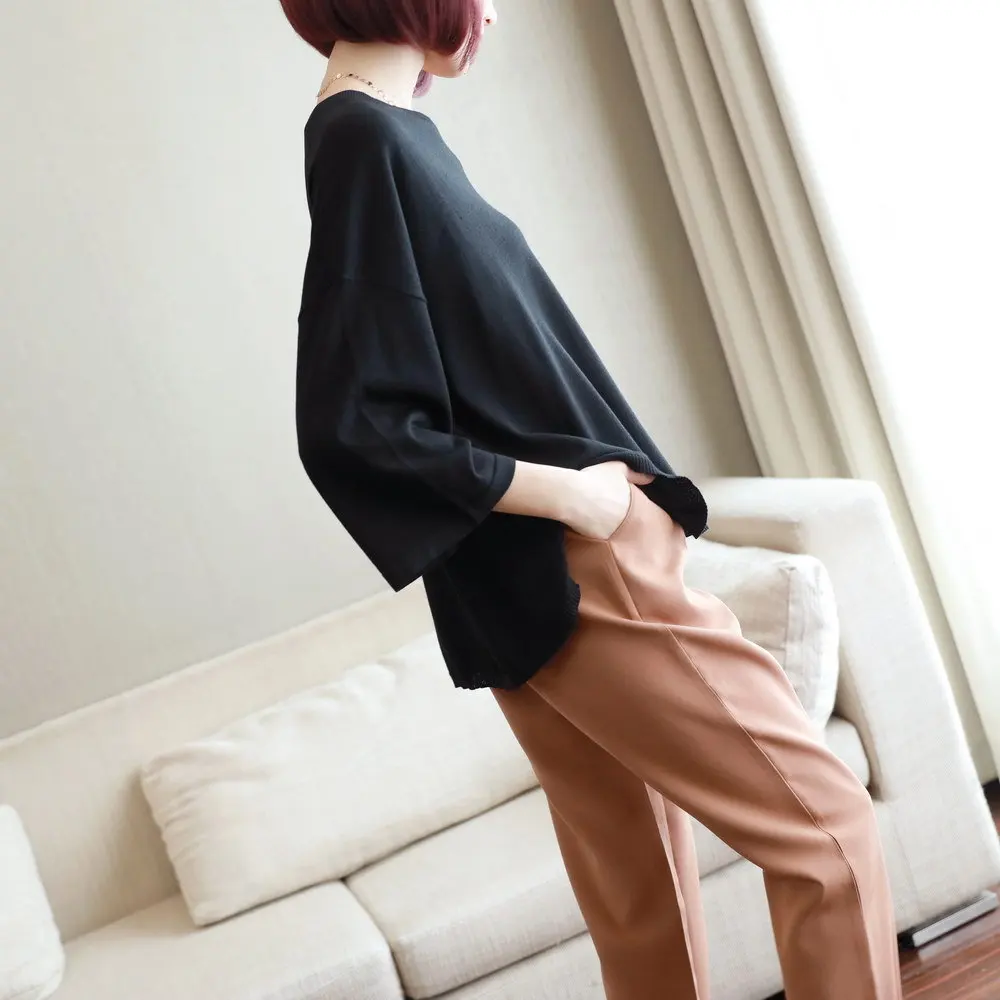 

Oversized Knitted Cotton T Shirt Women Three Quarter O Neck Autumn Tshirt 2020 Sheer Casual Women Tee Shirt Tops Camisetas Mujer