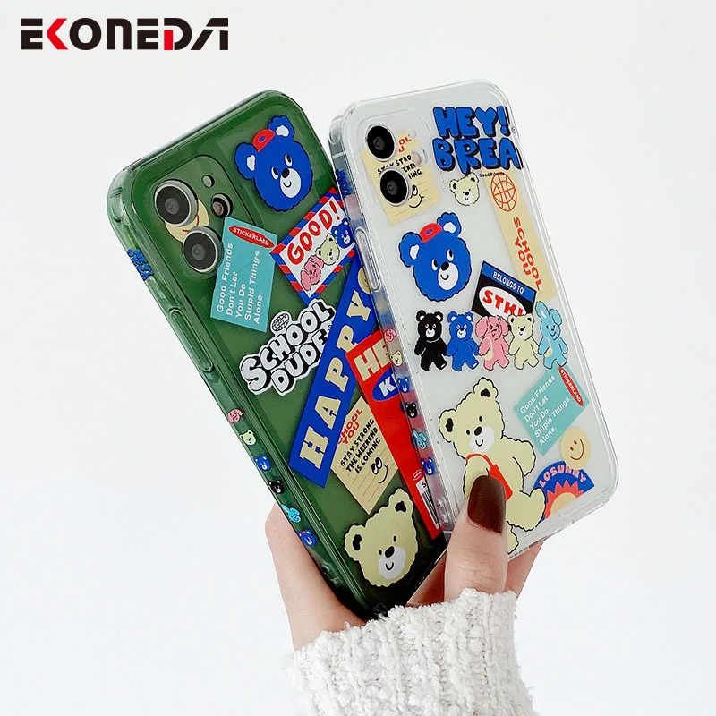 

EKONEDA Clear Silicone Case For iPhone 11 12 Pro XS Max XR X 7 8 Plus Cases Protective Cartoon Label Bear Soft TPU Back Cover