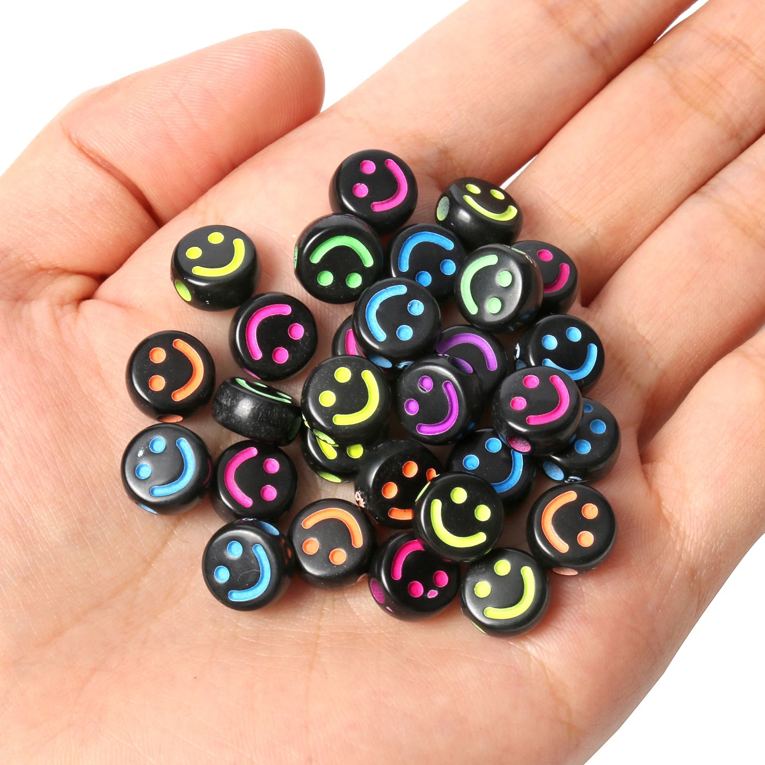 

100 pcs 9*5mm Black Colorful Smiling Face Letter Acrylic Loose Spacer Beads for Jewelry Making DIY Handmade Bracelet Accessories