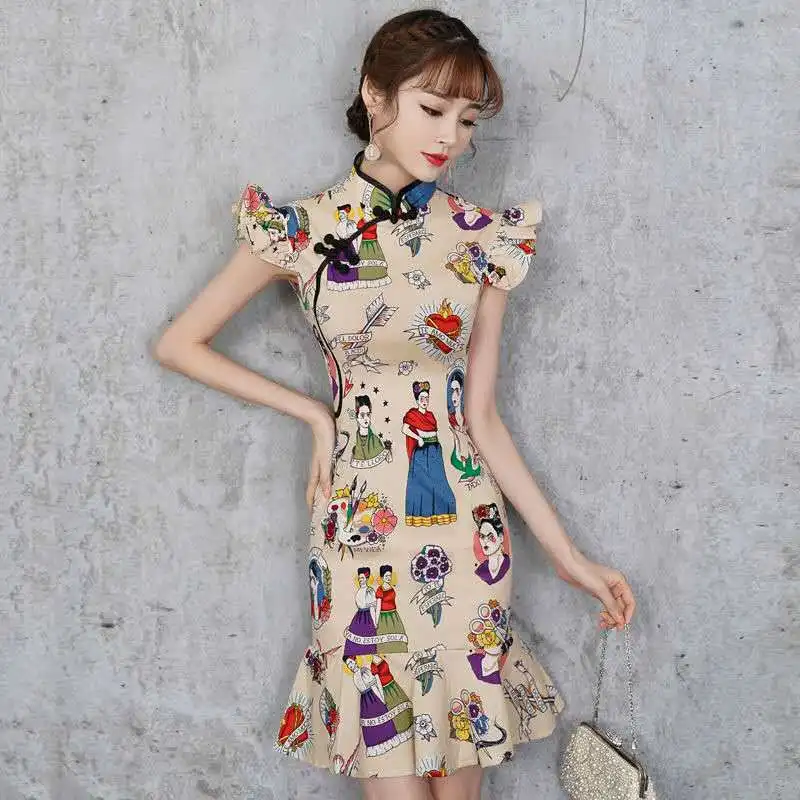 

Традиционное китайское платье 2021, женские платья без рукавов, винтажное атласное мини-платье Ципао с цветочным принтом в восточном стиле