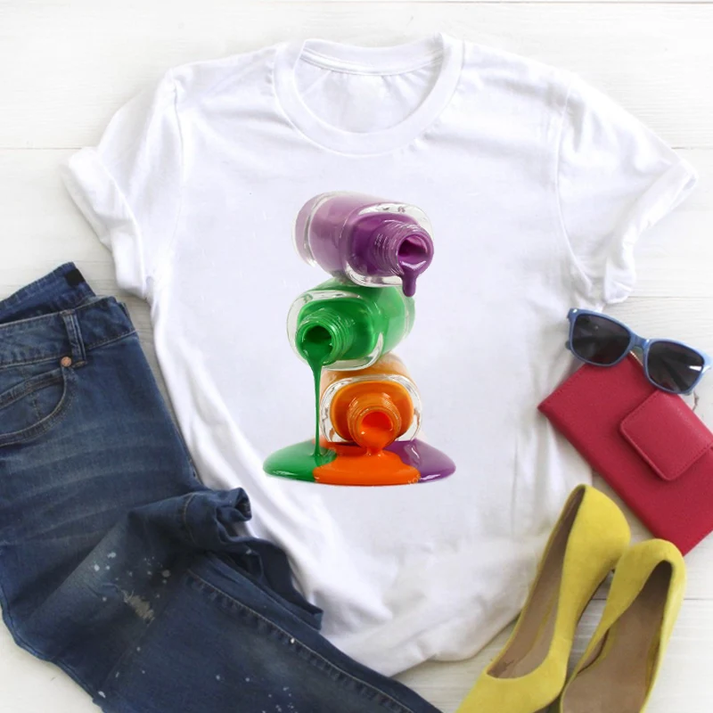 

Women 3D Fingernail Make Up Print 90s Clothing Ladies Summer T Tee Female Top Shirt Clothes Tshirt Womens Graphic T-shirt