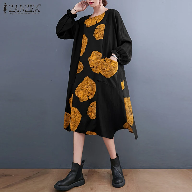 

Модель 2022 года, стильный женский Повседневный Сарафан ZANZEA в стиле ретро, платье-миди с длинным рукавом-фонариком, Осеннее богемное платье в ...