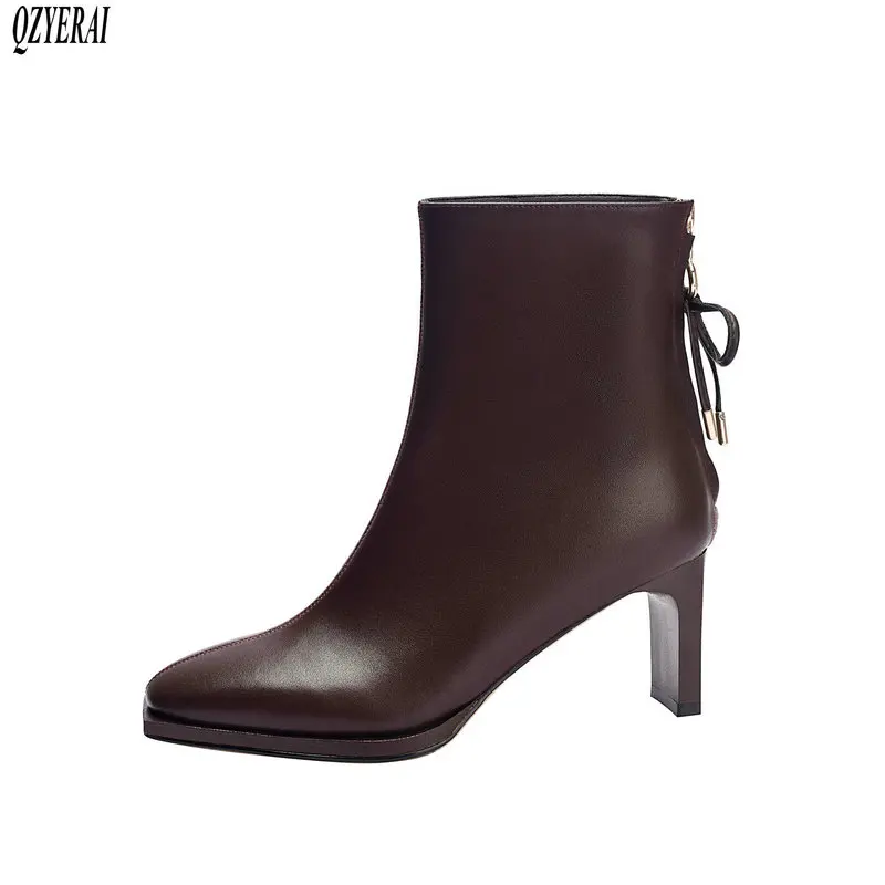 

Женские уличные ботинки челси QZYERAI, черные теплые ботинки из натуральной воловьей кожи на высоком каблуке, зима 2019