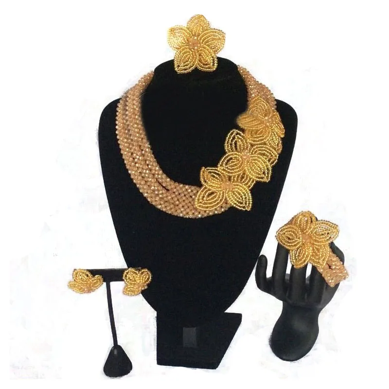 

Dudo Indian Jewelry Set Wedding Gold Beaded Flowers Designer Jewelry 3 Layers Bracelet Earrings Necklace Set High Quality