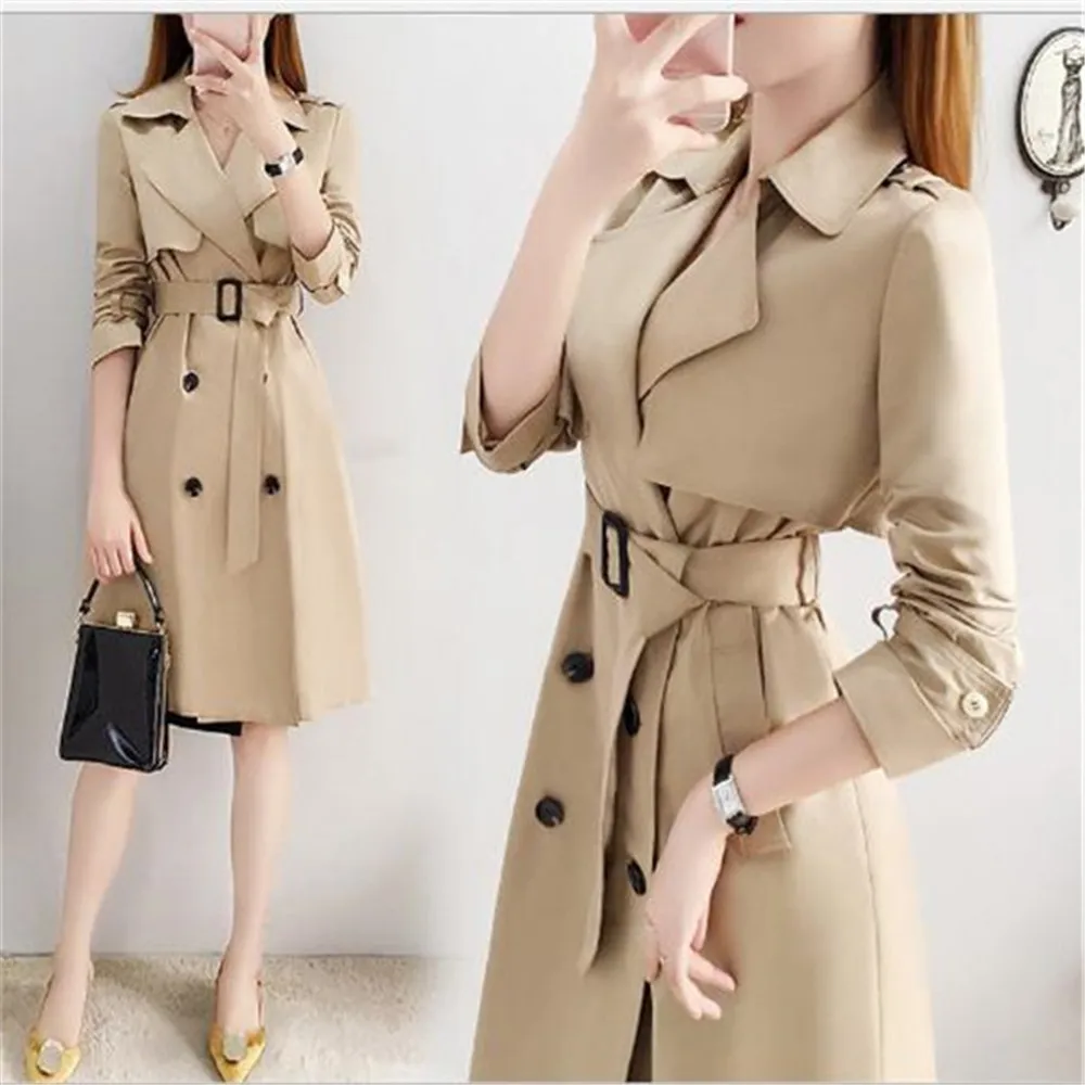 

Spring Autumn New Women's Trench Coats Mid-Length Windbreaker Temperament Waist Khaki Jacket Coat Clothes