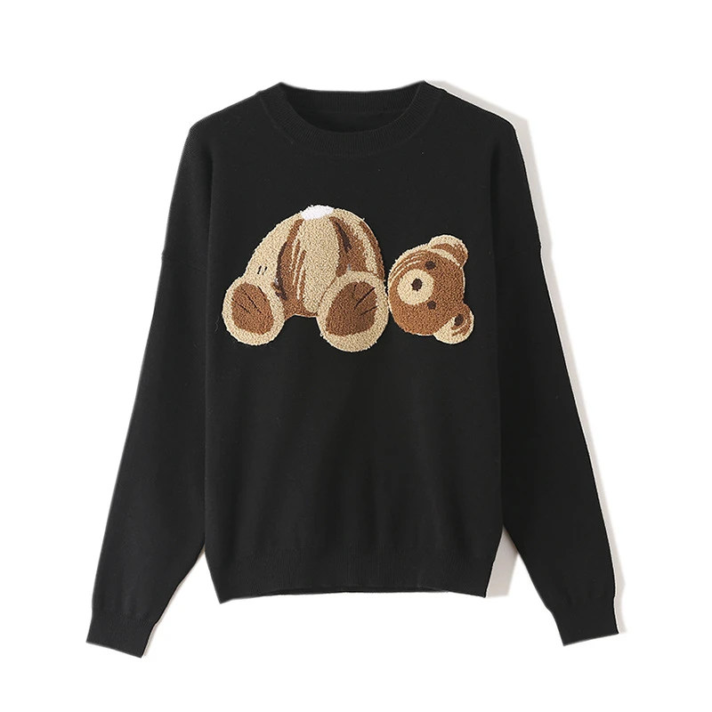 

Cartoon Bear Pattern O-neck Sweater Women White Black Knitted Pullover 2020 Autumn And Winter Long Sleeve Modis Tops