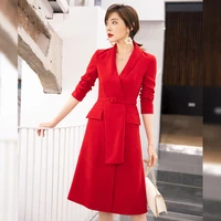 yigelila autumn new arrivals red dress turn down collar full sleeves with belt dress a line office lady mid calf dress 65386
