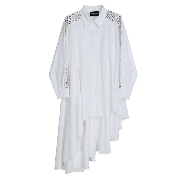 

Осеннее асимметричное платье с длинными рукавами и стальными кольцами в новом дизайне