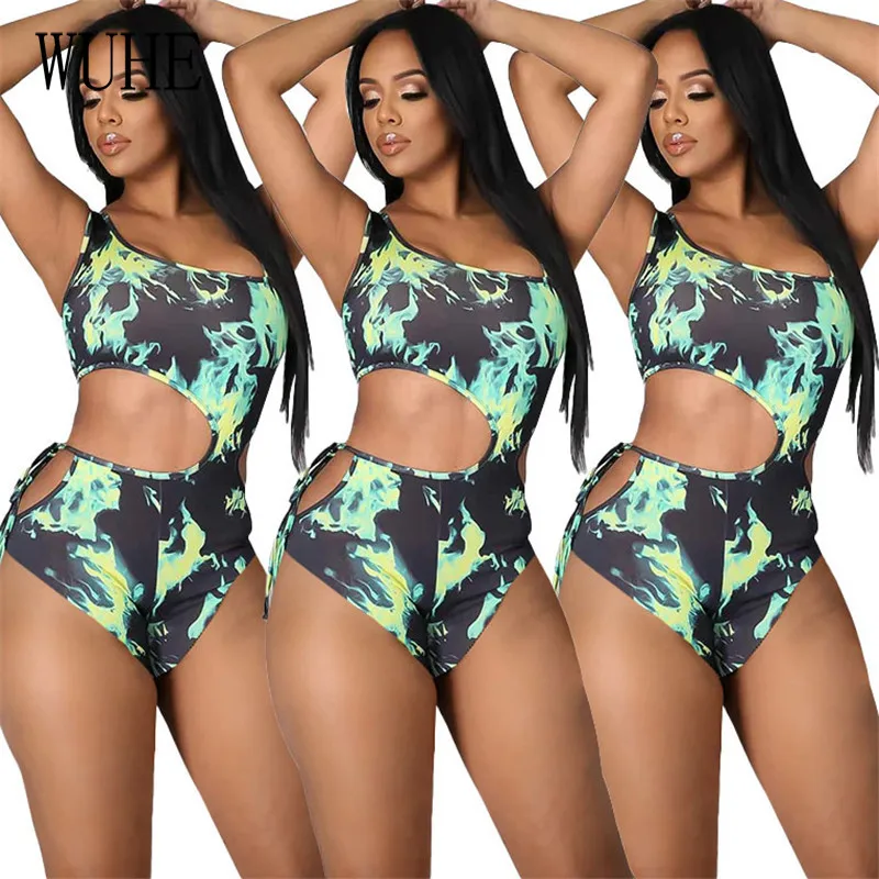 

KEXU Cyan Flame Print Playsuits Hollow Out Sexy Off Shoulder Spaghetti Strap Sleeveless Lace Up Bag Hip Beach Party Swimsuits
