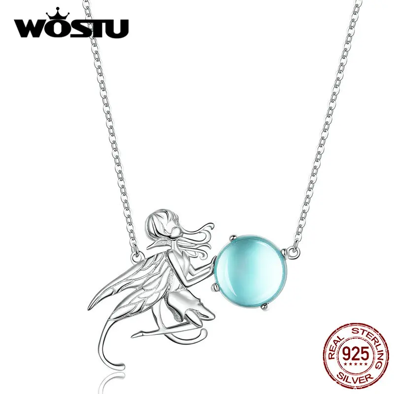 WOSTU фея эльф Кристалл ожерелья 925 пробы Серебряный Зеленый камень кулон Длинная цепочка чокер для женщин серебро 925 ювелирные изделия CTN054