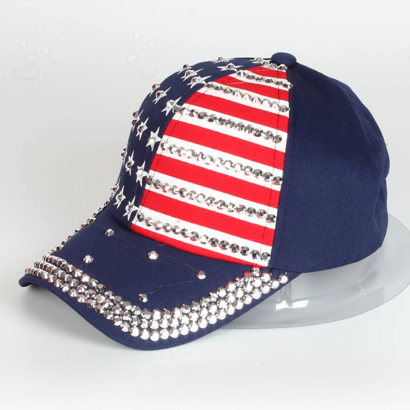 

American Flag BaseballCap Rhinestone Star Denim Hat Snapback Hop Flat Hat