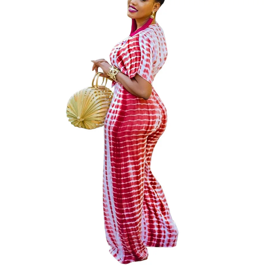 Plus Size Women Sexy Jumpsuits Red Print Deep v Neck Short Sleeve Long Pants Loose High Waist Elegant Evening Night New Jumpsuit
