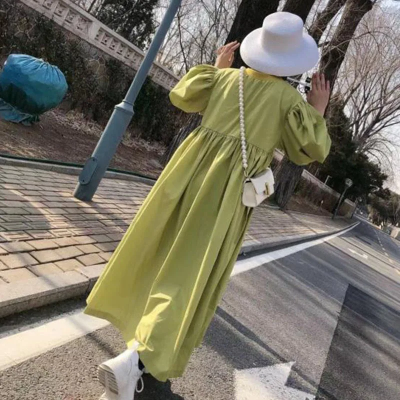 

[EAM] Women Yellow Big Size Long Dress New Round Neck Long Lantern Sleeve Loose Fit Fashion Tide Spring Summer 2021 1DD7475