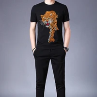 european summer trend shiny diamond leopard print chic short sleeved top trousers breathable o neck mens jogging two piece