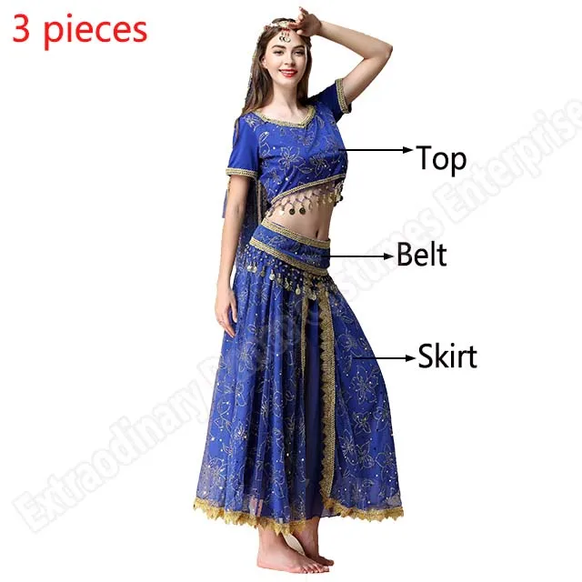 blue-3 pieces Болливуд набор костюма для танца живота Индийский танец сари танец живота юбка костюм женский шифон 5 шт.(головные уборы вуаль Топ Пояс юбка - Цвет: blue-3 pieces
