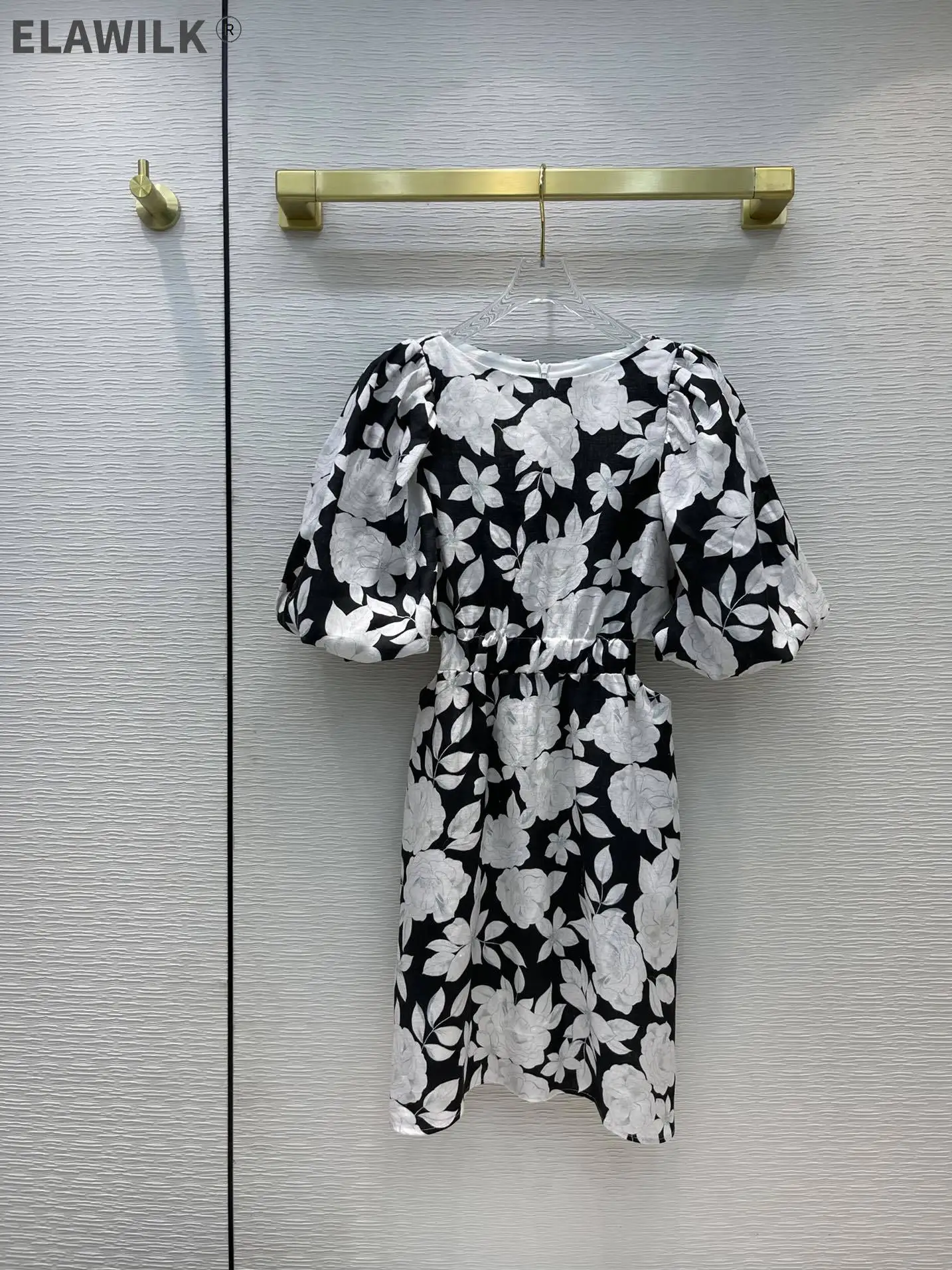 

Элегантное платье с цветочным принтом для женщин, Новинка лета 2021, облегающее платье с разрезами на талии и пышными рукавами, брендовые льня...